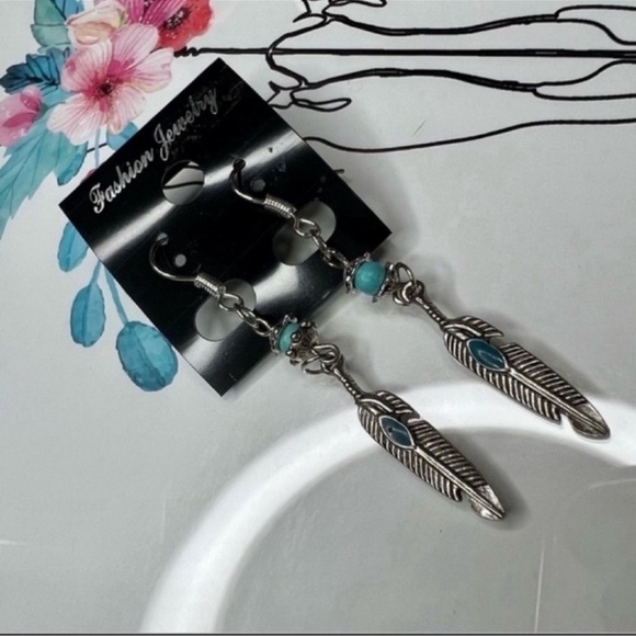 Stainless Steel Feather & Turquoise Earrings NWT - Picture 1 of 1